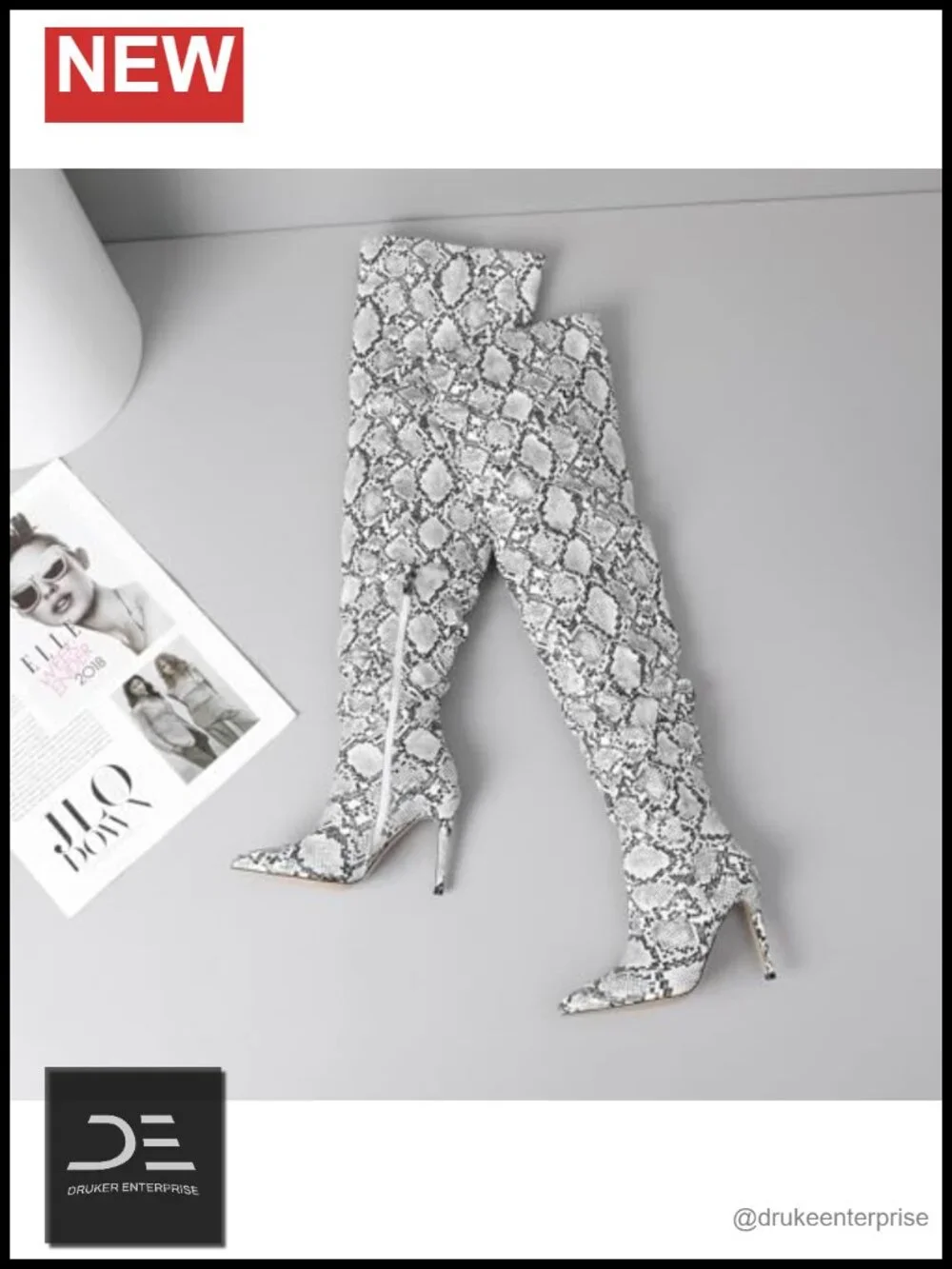 Snakeskin Over the Knee Boots Women Pointed Toe Stiletto Heel Pleated